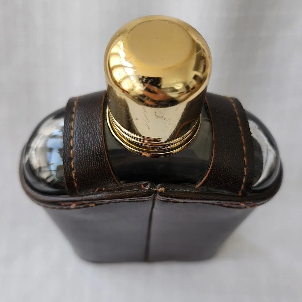 Vintage Ribbed Glass Hip Flask‎ with Two Tone Faux Leather Snap Sleeve Gold Cap